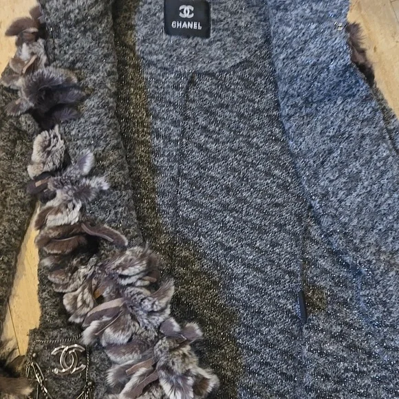 RARE Gray Metallic Accent Cardigan Sweater with Feather Accent Trim - Picture 10 of 16